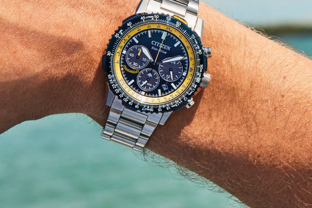 A Citizen Promaster Sky Blue Angels Eco-Drive watch worn by the sea