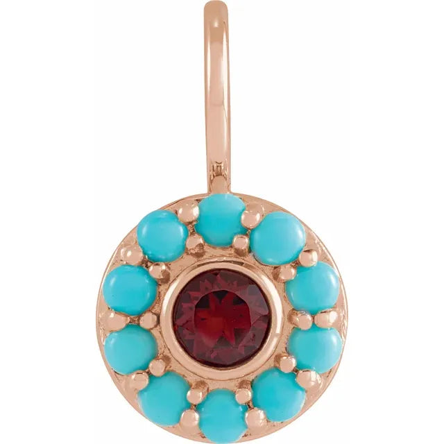 14K Rose Natural Mozambique Garnet & Natural Turquoise Halo-Style Charm/Pendant