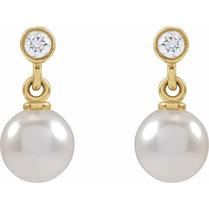 14K Yellow Cultured White Akoya Pearl & .06 CTW Natural Diamond Earrings: 88194