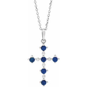 14K Rose Lab-Grown Blue Sapphire & .07 CTW Natural Diamond Cross 16-18" Necklace