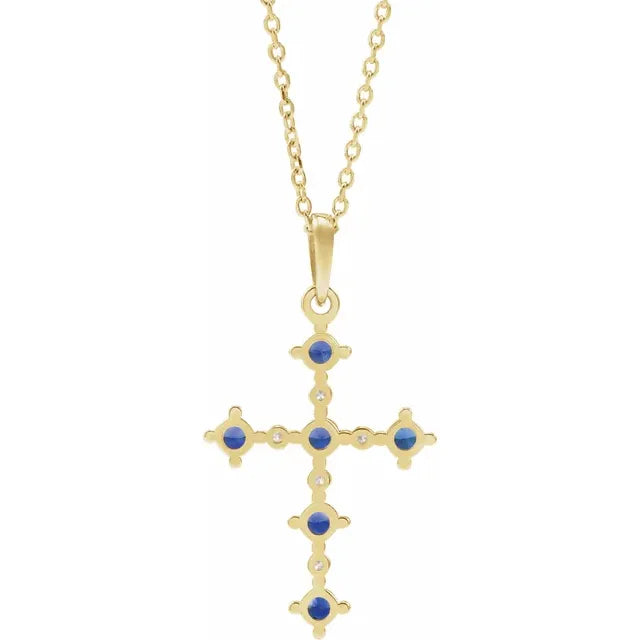 14K Rose Lab-Grown Blue Sapphire & .07 CTW Natural Diamond Cross 16-18" Necklace