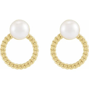 14K Yellow Cultured White Akoya Pearl & Curb Chain Earrings: 88424