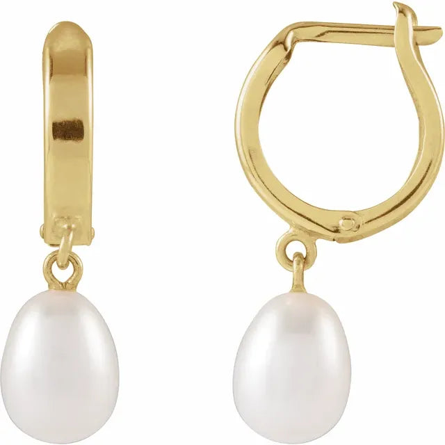 14K White Cultured White Freshwater Pearl Hoop Earrings: 689024