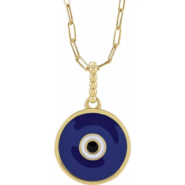 14K Yellow Blue Enamel Evil Eye 18" Necklace: R50047