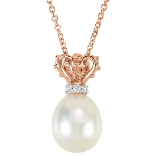 14K Rose/White Cultured White Freshwater Pearl & .015 CTW Natural Diamond Crown 18" Necklace