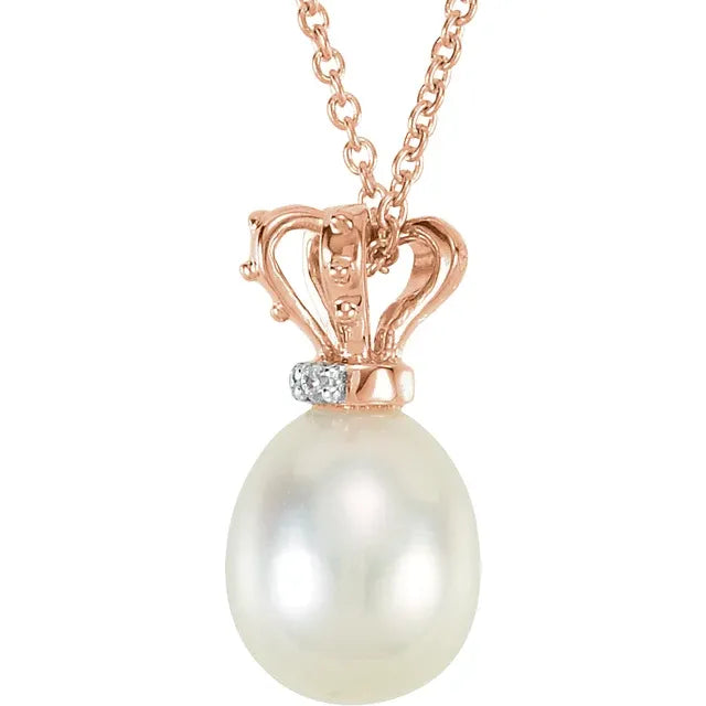 14K Rose/White Cultured White Freshwater Pearl & .015 CTW Natural Diamond Crown 18" Necklace