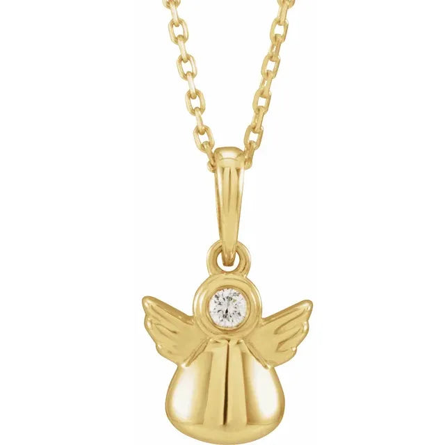 14K Yellow .03 CT Natural Diamond Youth Angel 15" Necklace