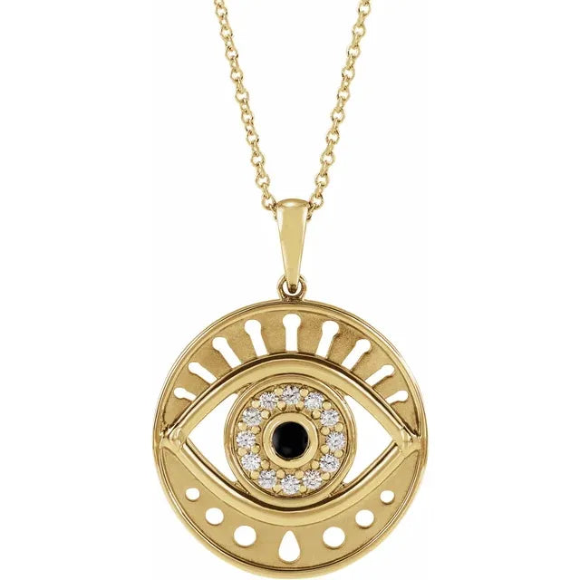 14K Yellow Natural Onyx & 1/6 CTW Natural Diamond Evil Eye 16-18" Necklace