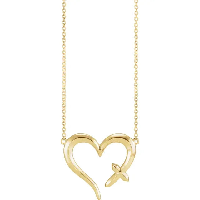 14K Gold Cross & Open Heart 18" Necklace