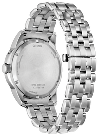 Silver Citizen watch with metal band on a white background