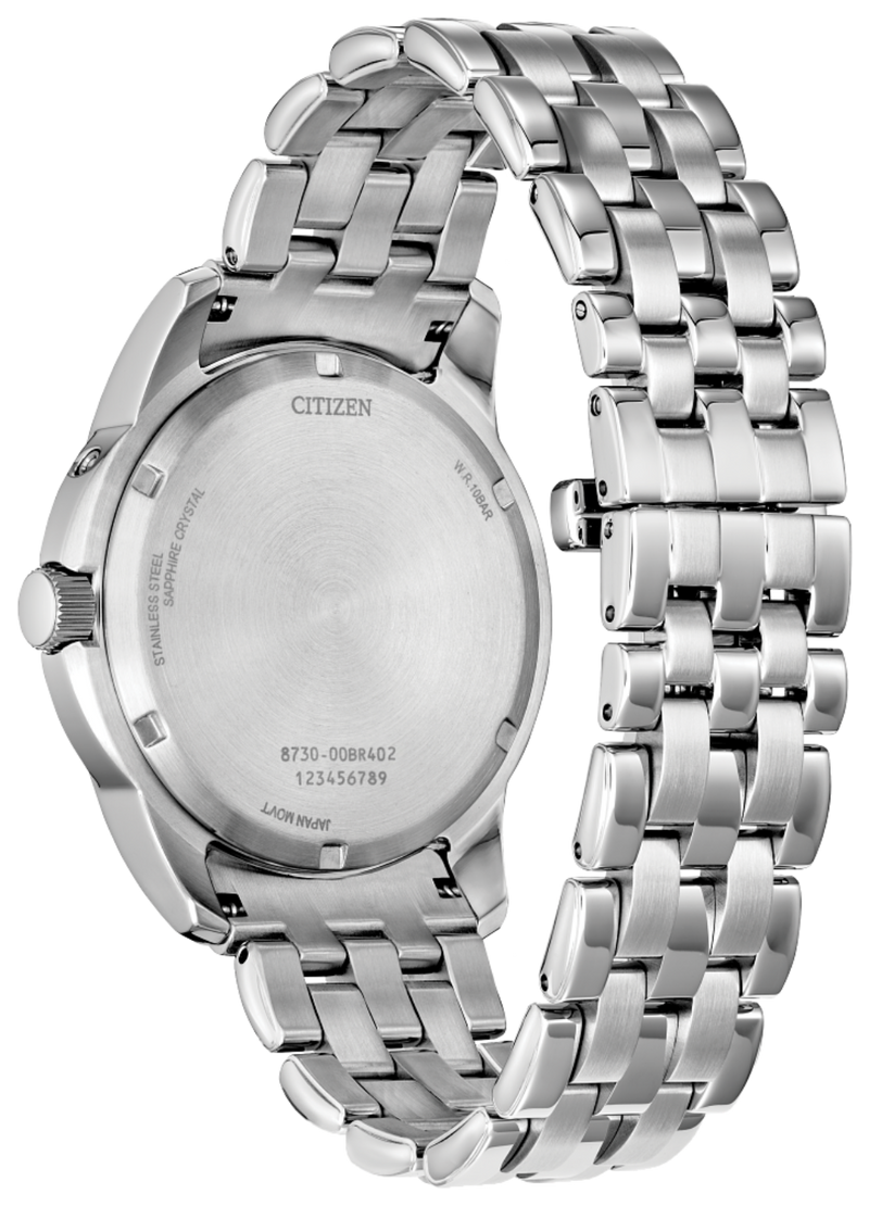 Silver Citizen watch with metal band on a white background