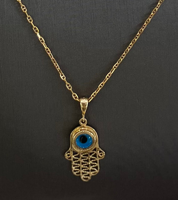 10kt Yellow Gold Hamsa With Evil Eye Pendant Necklace