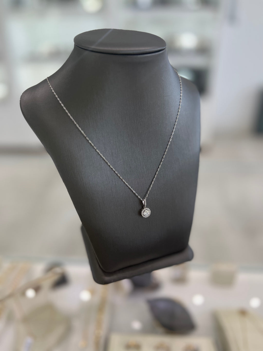 10kt White Gold Dainty Round Halo Cubic Zirconia Pendant Necklace