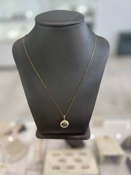 10kt Solid Yellow Gold Round Evil Eye Charm Necklace