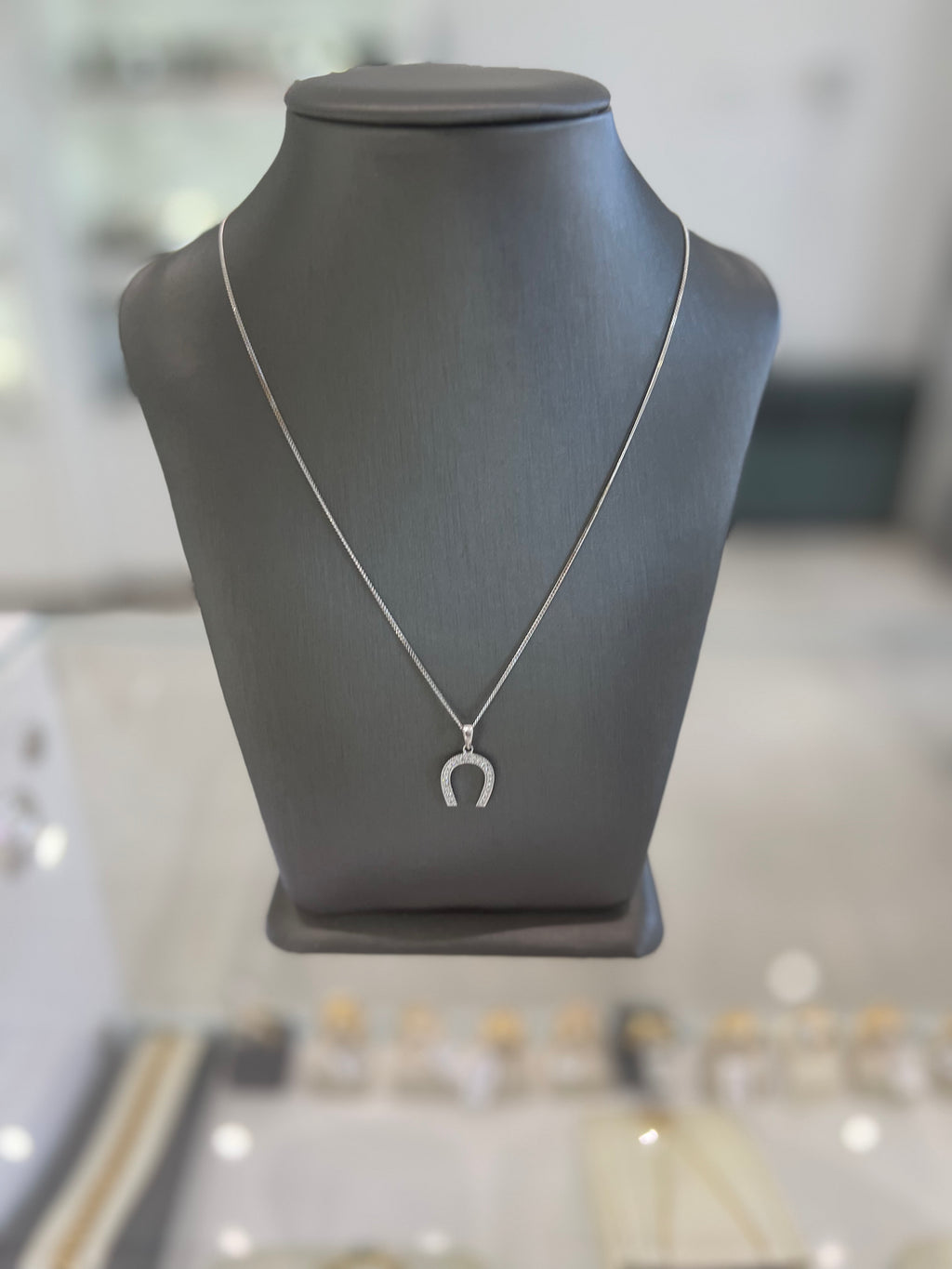 10kt White Gold Cubic Zirconia Horseshoe Pendant Chain Necklace