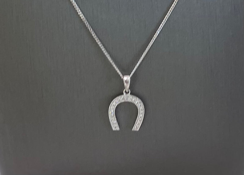10kt White Gold Cubic Zirconia Horseshoe Pendant Chain Necklace