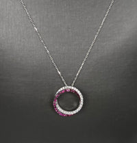 10kt White Gold Interlocking Rings Pendant With Cubic Zirconia And Dark Pink Topaz