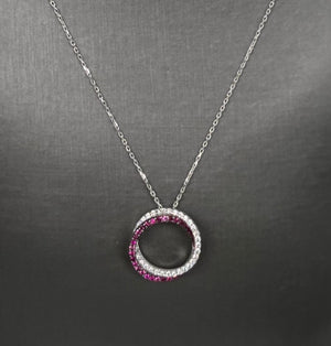 10kt White Gold Interlocking Rings Pendant With Cubic Zirconia And Dark Pink Topaz