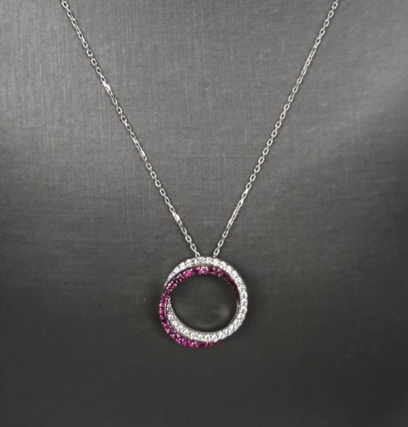 10kt White Gold Interlocking Rings Pendant With Cubic Zirconia And Dark Pink Topaz