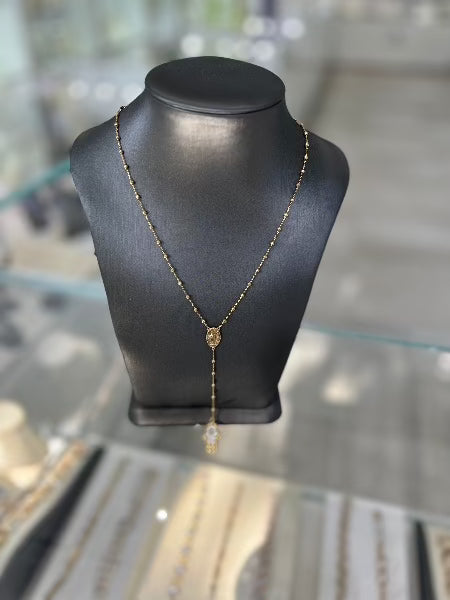 10kt Gold Bead Hamsa Necklace "Y" With Cubic Zirconia Pendant