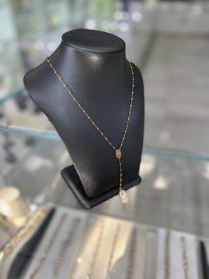 10kt Gold Bead Hamsa Necklace "Y" With Cubic Zirconia Pendant