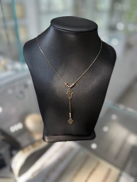 10kt Three-Tone Bead Hamsa "Y" Pendant Chain
