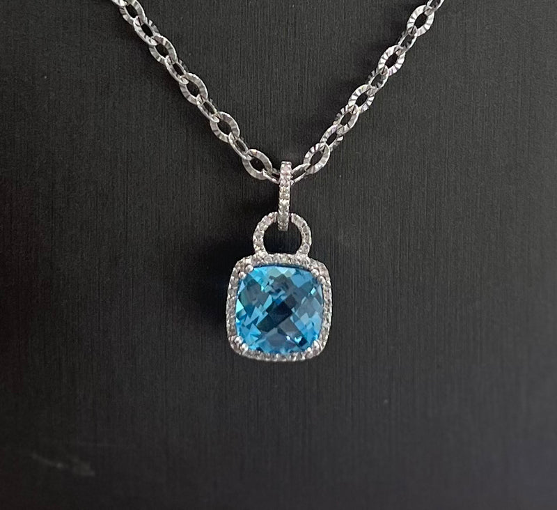 14kt White Gold Topaz Diamond Pendant. 10kt White Gold Chain