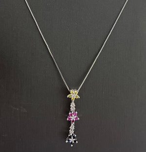10KT White Gold Multicoloured Sapphire Flower Necklace with Diamonds