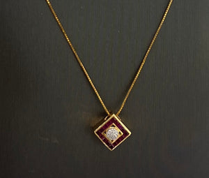 14kt Yellow Gold Ruby Diamond Rhombus Pendant. 10kt Yellow Gold Chain