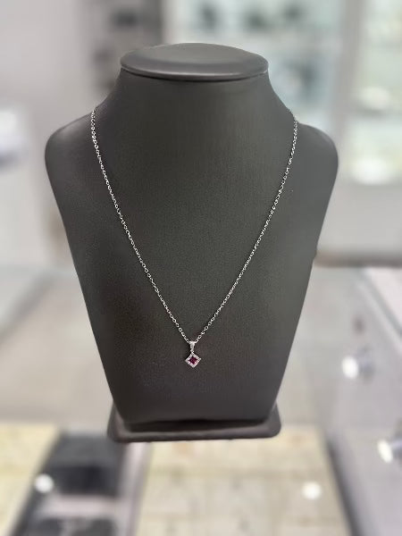 10kt White Gold Ruby Diamond Rhombus Pendant Chain