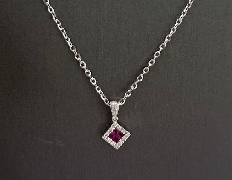 10kt White Gold Ruby Diamond Rhombus Pendant Chain