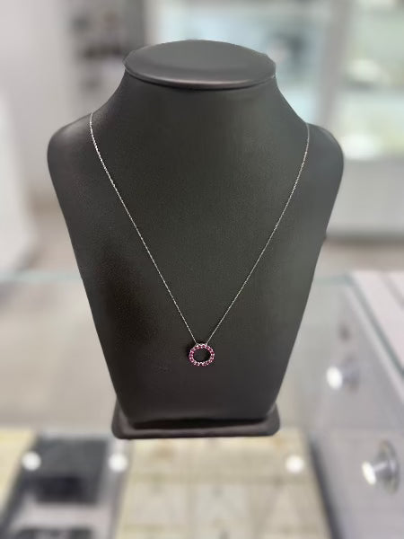10KT White Gold Circular Ruby Pendant Necklace with Diamonds
