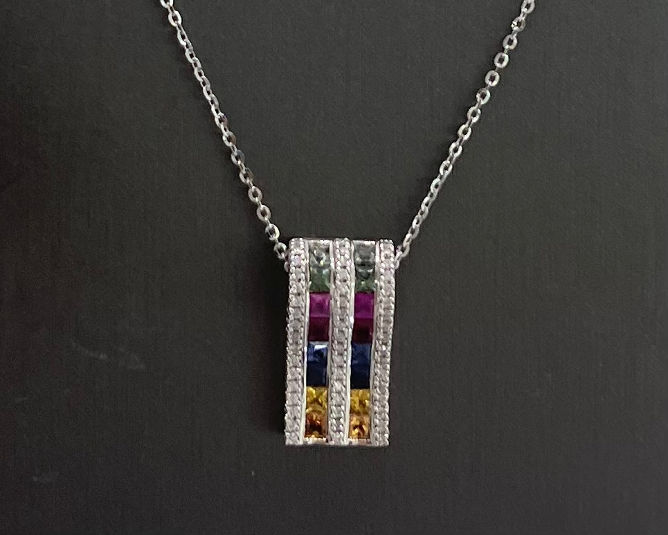 14KT White Gold Multicoloured Sapphire Diamonds Pendant Chain Necklace