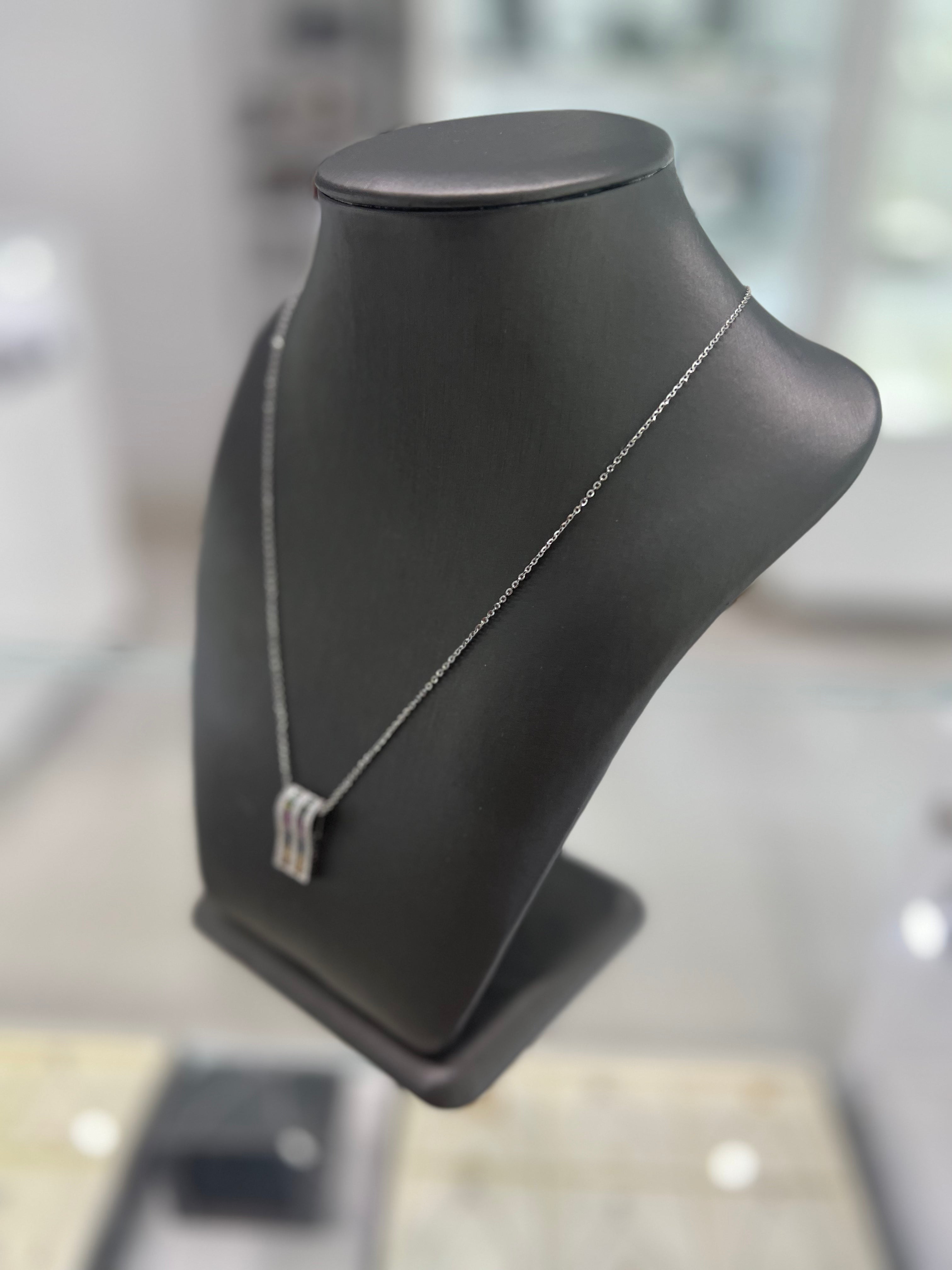 14KT White Gold Multicoloured Sapphire Diamonds Pendant Chain Necklace