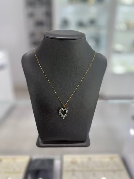 10kt Yellow Gold Emerald With Diamond Heart Pendant Necklace