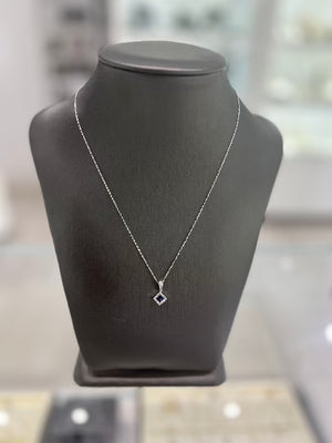 10kt White Gold Rhombus Sapphire Diamond Pendant Chain