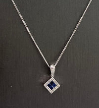 10kt White Gold Rhombus Sapphire Diamond Pendant Chain