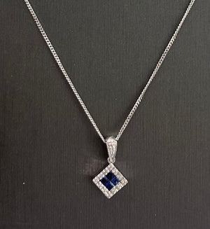 10kt White Gold Rhombus Sapphire Diamond Pendant Chain
