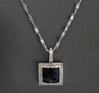 10kt White Gold Square Diamonds With Black Stone Pendant Chain