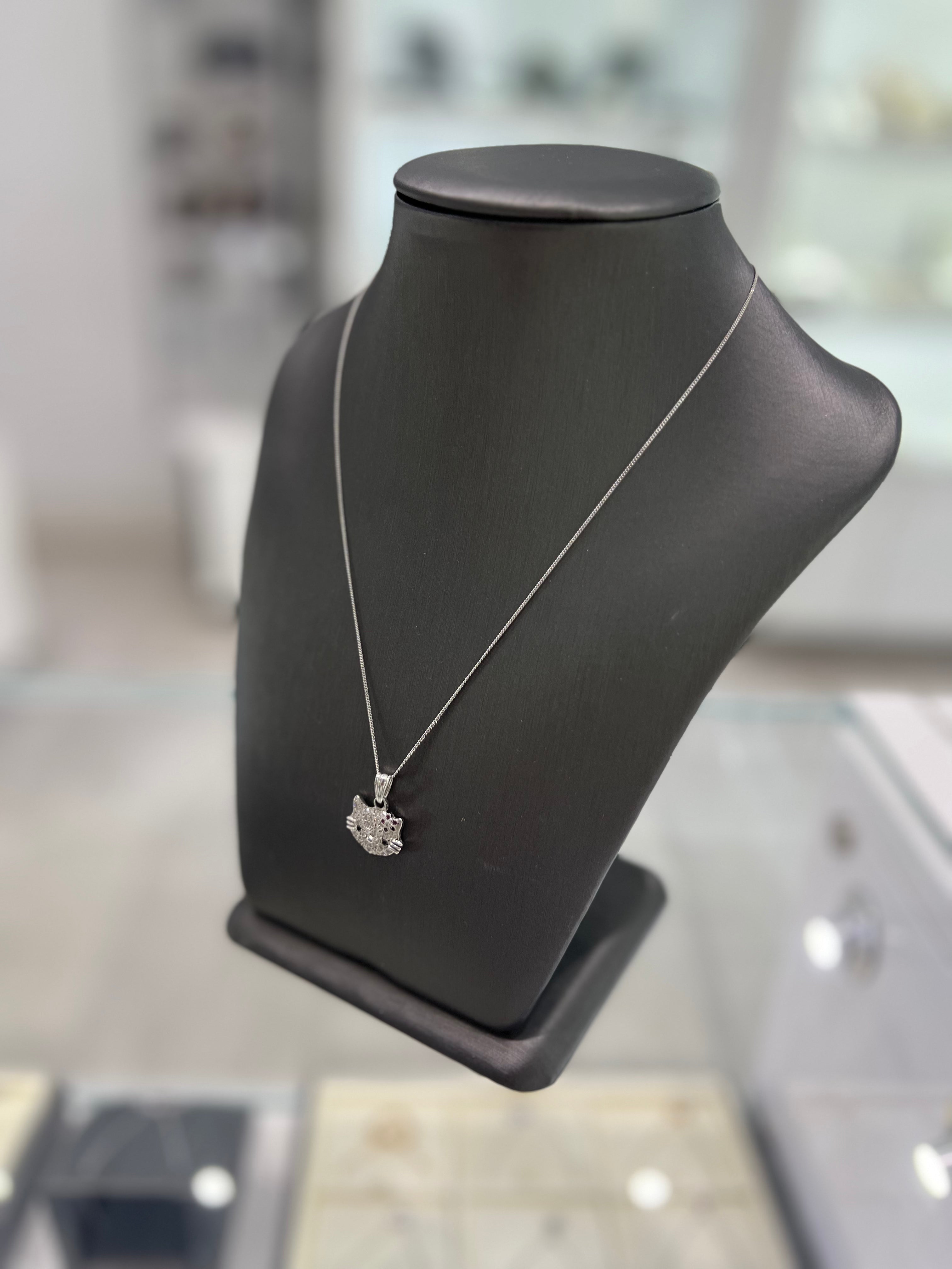 10kt White Gold Diamond "Hello Kitty" Pendant With Pendant Chain Necklace