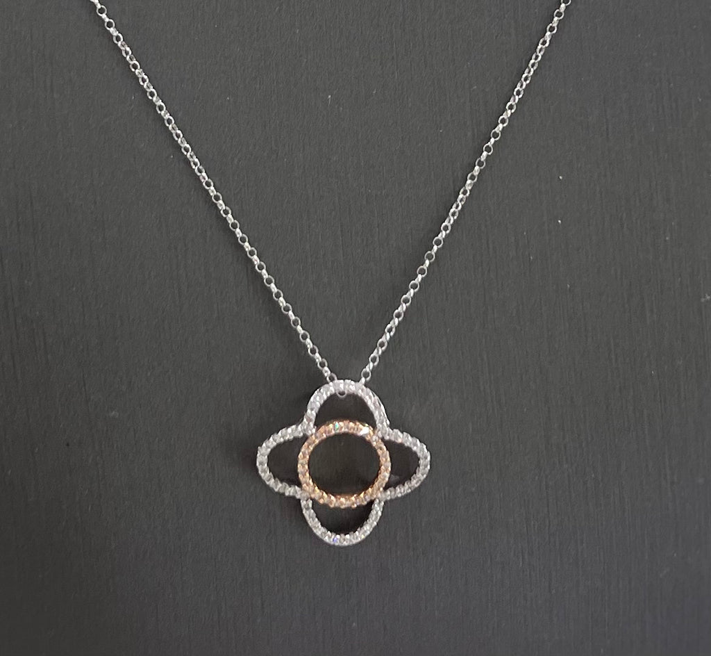 18kt Two-Tone Rose Gold And White Gold Diamond Clover Pendant Chain