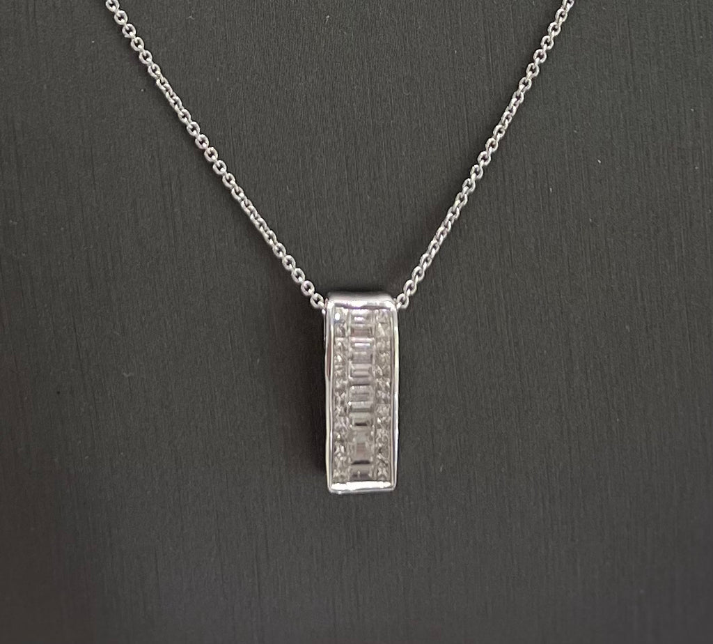 14KT White Gold Chain and Pendant with Baguette and Princess Cut Diamonds