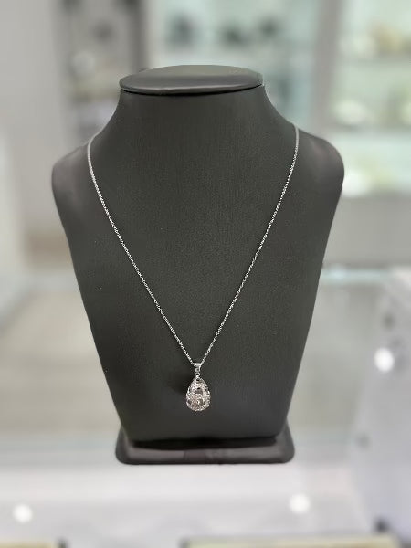 14kt Women White Gold Tear Drop Pear Shape Diamond With Heart Pendant Chain Necklace