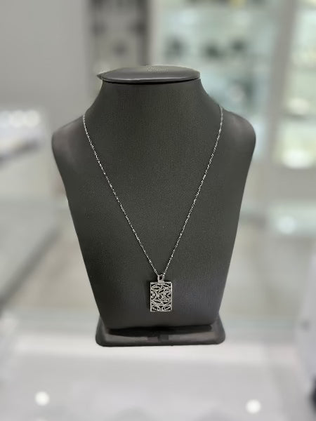 10KT White Gold Rectangular Miligrain Pendant with Diamonds