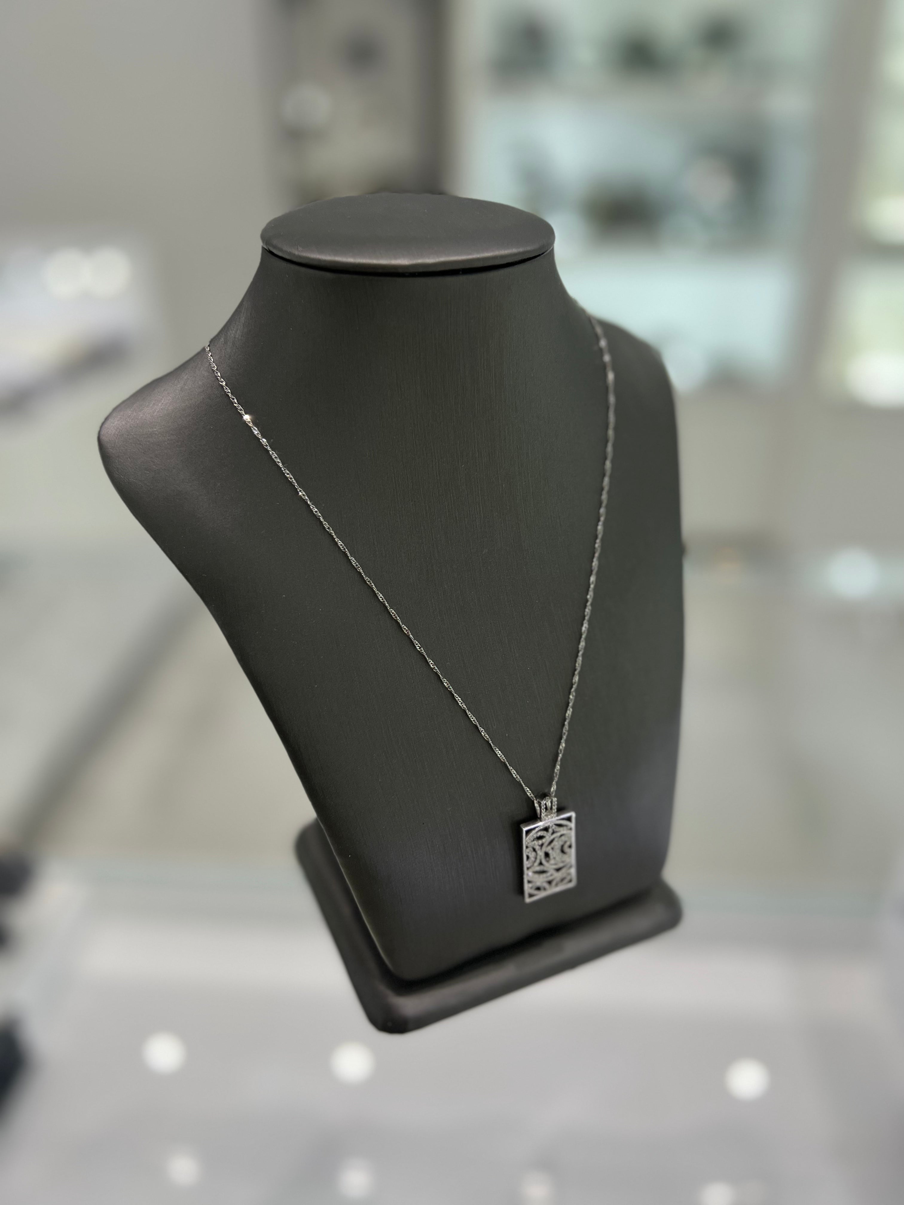 10KT White Gold Rectangular Miligrain Pendant with Diamonds