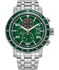 Citizen Men's Eco-Drive Brycen Chronograph Stainless Steel Watch, Green Dial (Model: CA0851-56X), Silver, Brycen