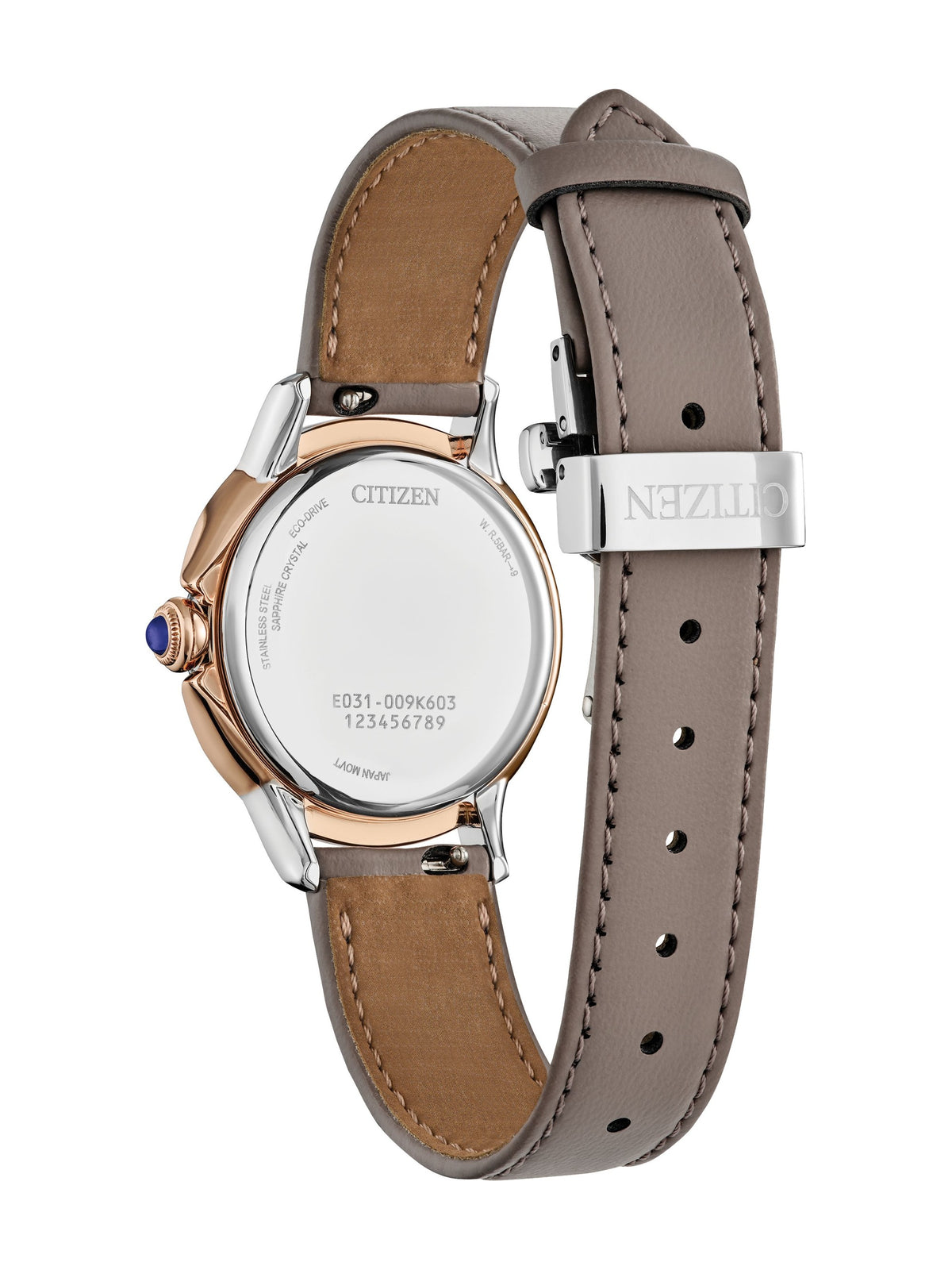 Citizen L Ceci EM1166-01Z women's Eco-Drive watch, taupe dial, case back