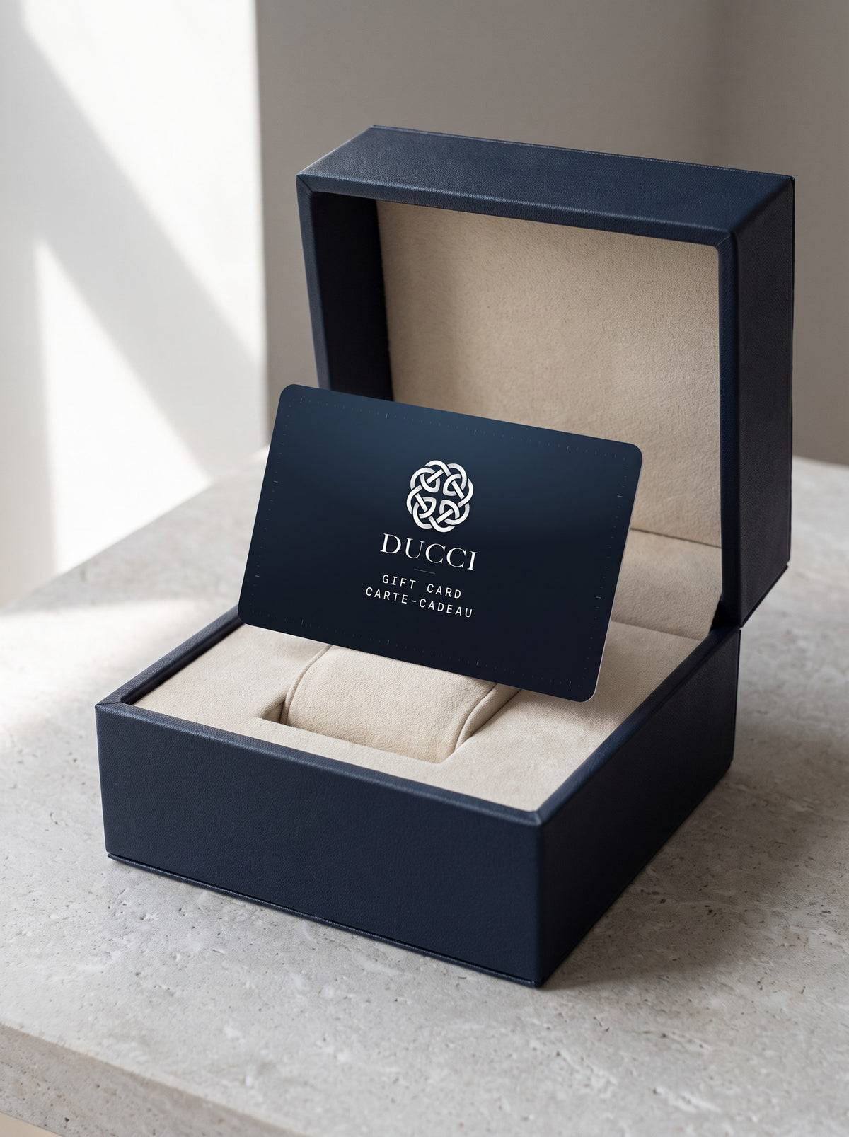 Ducci gift card in an open watch box