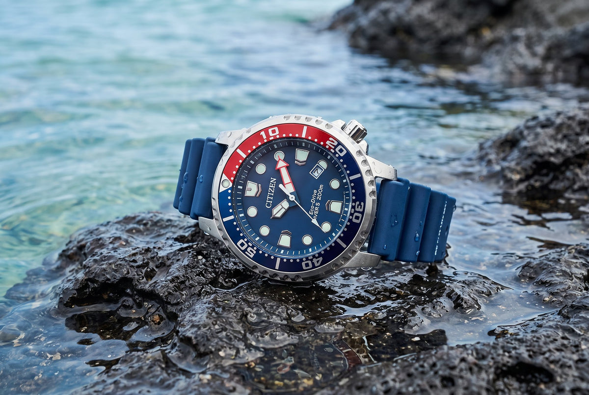 Citizen Promaster Diver on wet rock at the edge of the sea