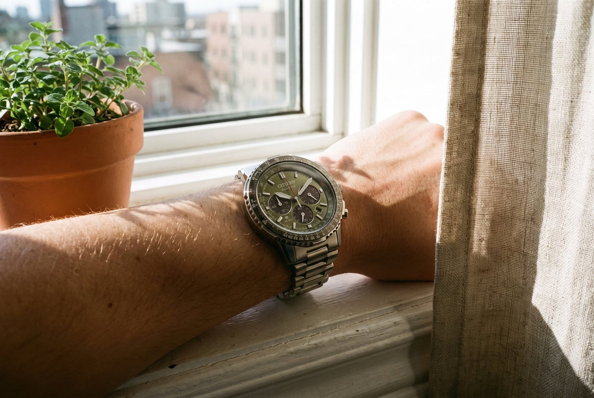 Citizen Promaster Sky Eco-Drive on a wrist in window light